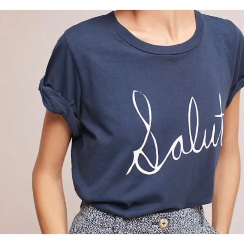 t.la Anthropologie Salut Graphic Tee Navy Blue Cuffed Short Sleeve Shirt Small